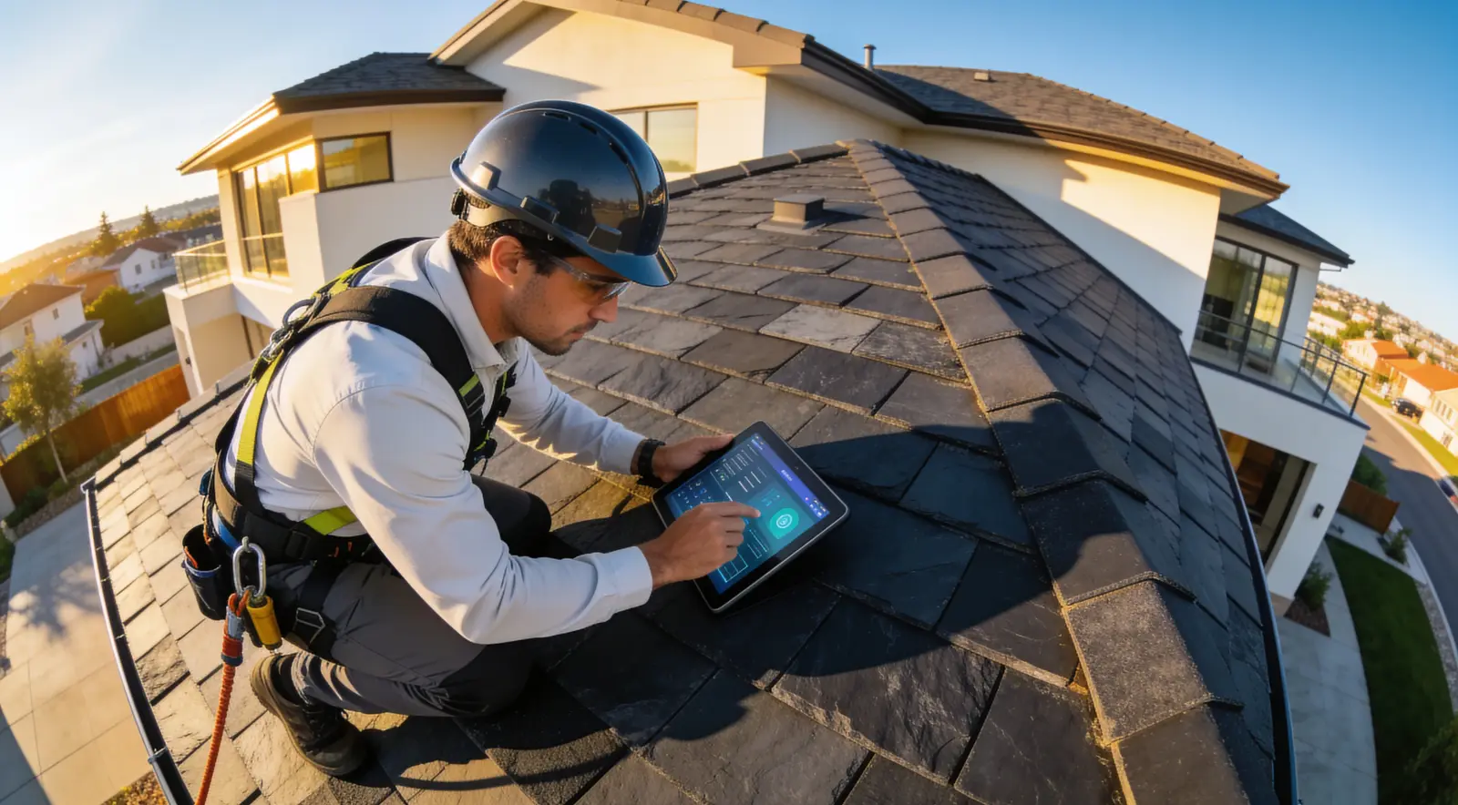 Atomic Roofing inspector on a roof recording findings on a tablet