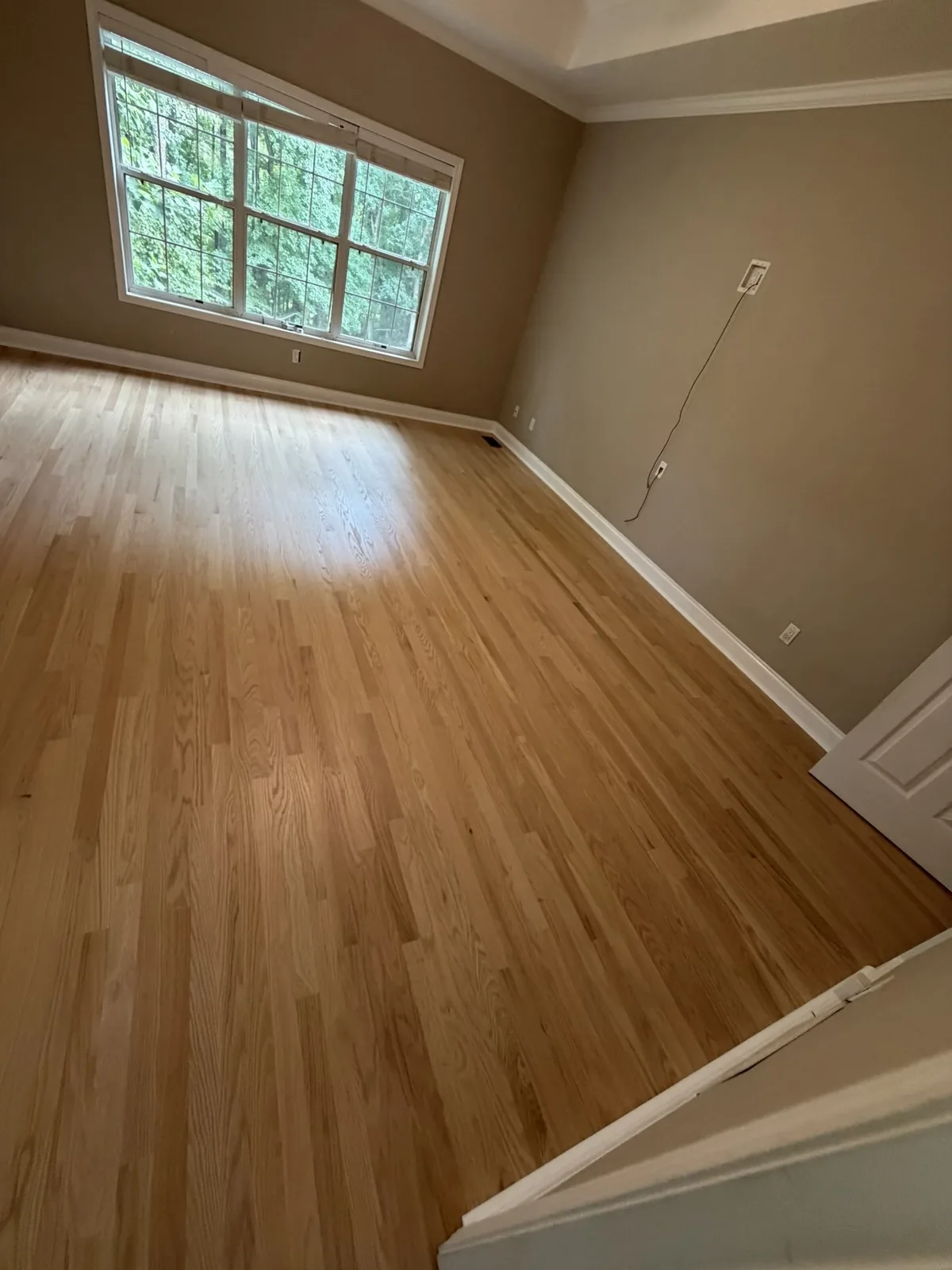 The bedroom floor finished, light coming in across the grain