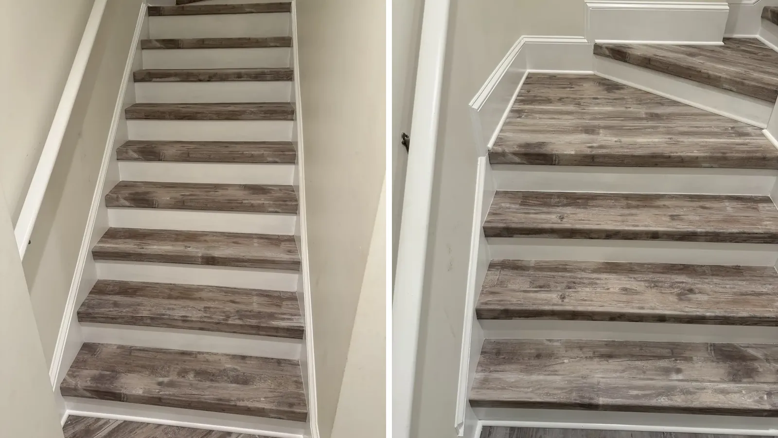The rebuilt stair from below and the new treads up close at the turn